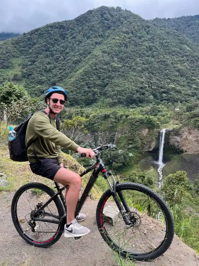 Biking to Pailon del Diablo, stopping in Manto de la Novia waterfall