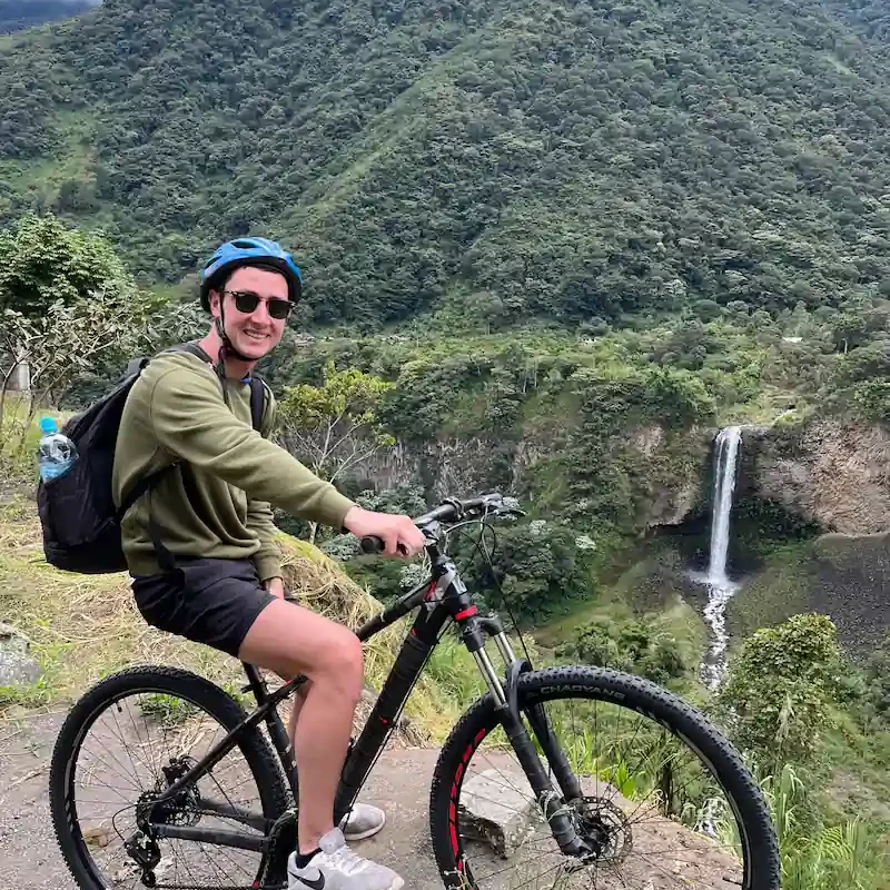 Biking to Pailon del Diablo, stopping in Manto de la Novia waterfall